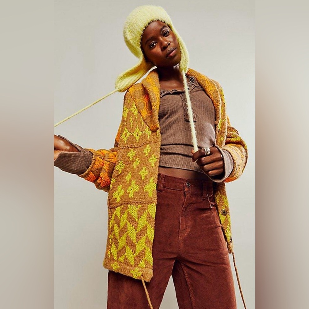Free People Yellow & Brown Patterned Knit Cardigan